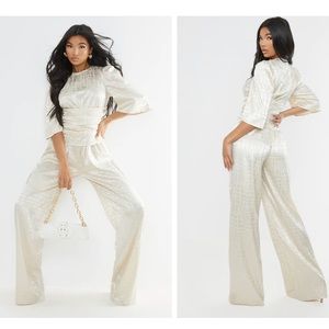 Champagne Satin Short Sleeve Ruched Jumpsuit